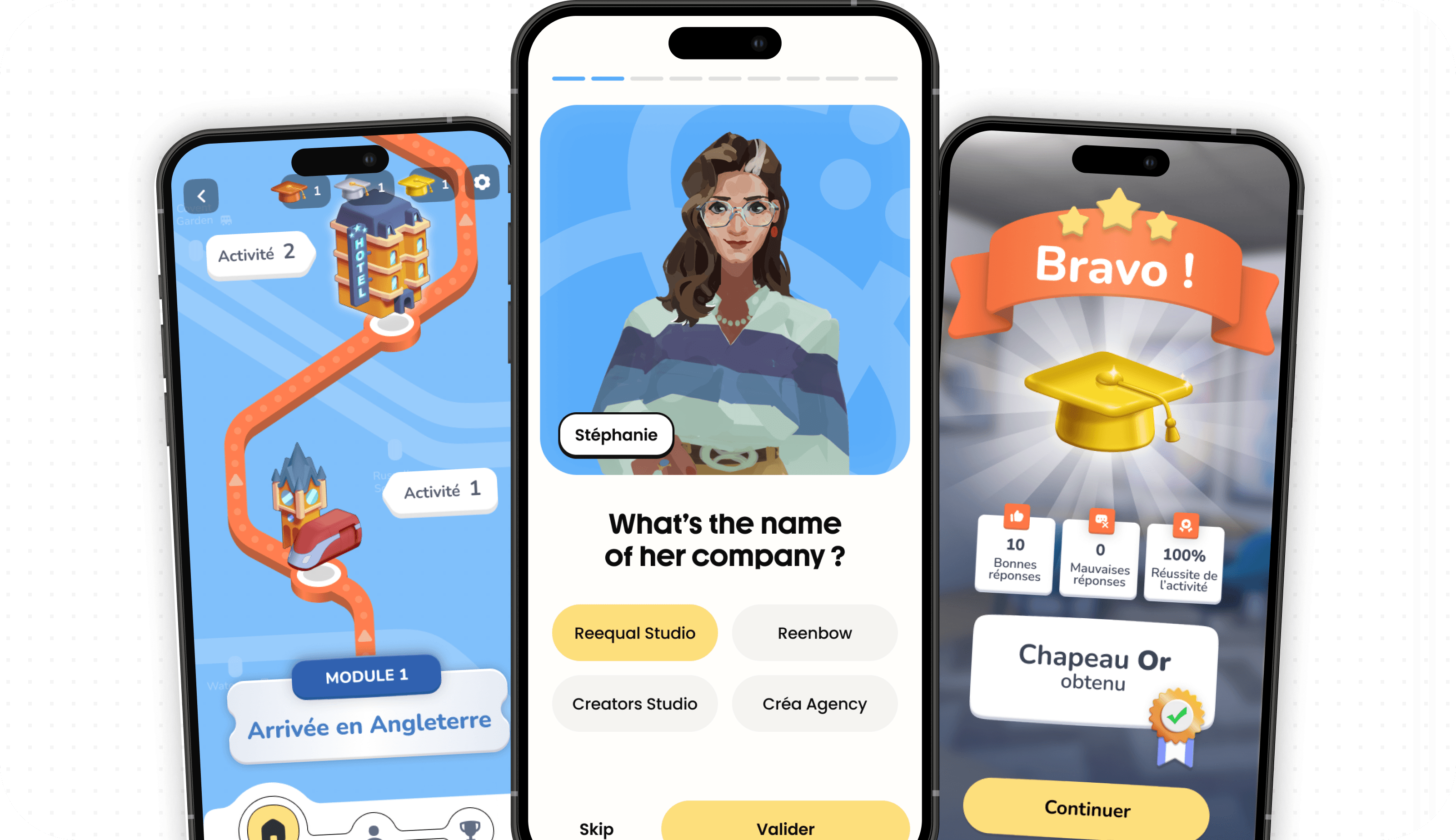 Trois téléphones montrant l'application Reenbow LXP en marque blanche