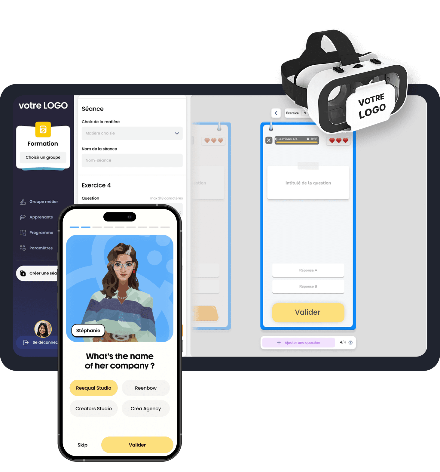 Aperçu de la plateforme Reenbow LXP sur ordinateur, mobile et casque VR